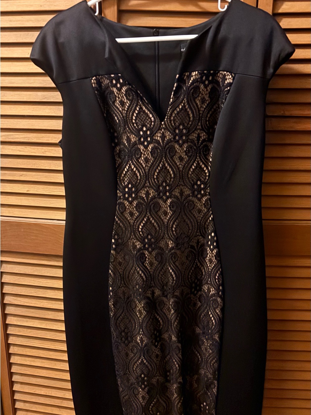 Black Lace-Panel Midi Dress with Nude Underlay